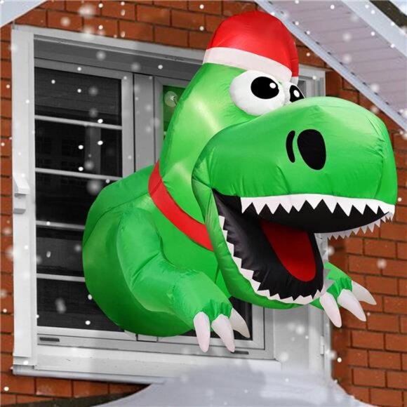 3.5 Ft Christmas Inflatable Decor Santa Dinosaur Broke Out from Window with LED - Picture 2 of 7